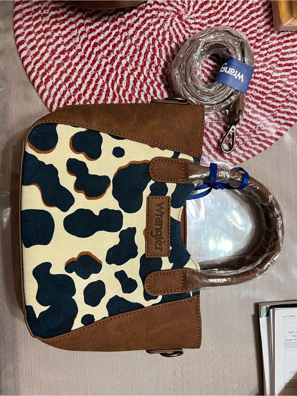 Wrangler Black and Cream Cow Print Crossbody Bag with Brown Accents
